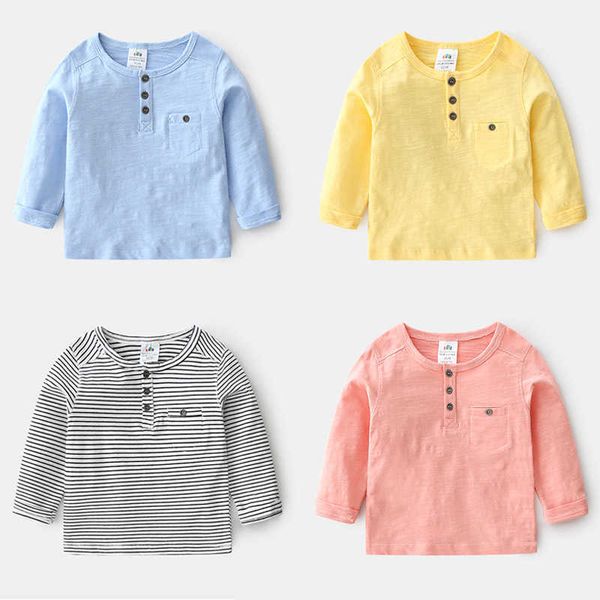 summer 2-8 9 10 years baby children's clothing solid color soft cotton long sleeve pullover basic t-shirt for kids boys 210529, Blue